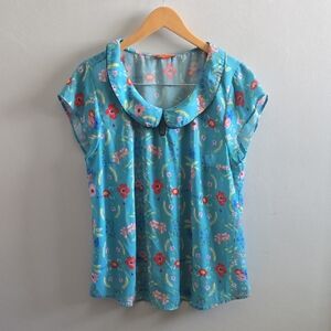Blue Floral Modcloth Short Sleeved Blouse XL